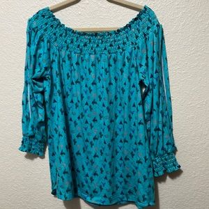 Turquoise Off-Shoulder Smocked Neck Blouse